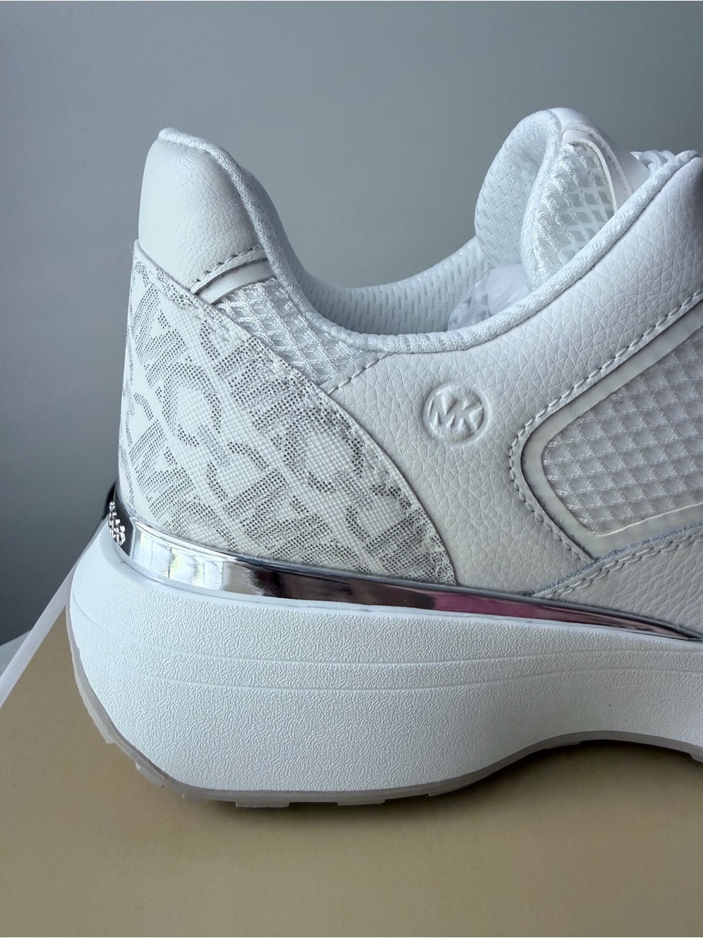 Michael Kors White Leather & Mesh Sneaker with Silver Trim